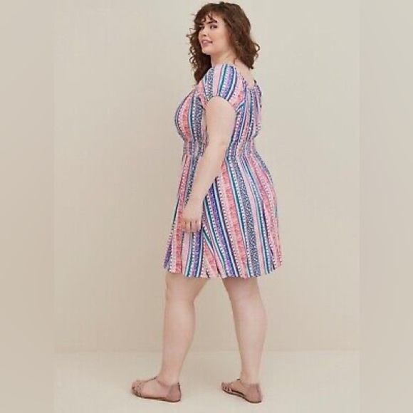 Torrid Lenny Smocked Off Shoulder Mini Dress Plus Size 3 3X 22-24 Floral Stripe - Picture 2 of 7